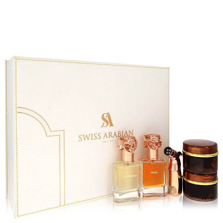 Swiss Arabian Bakhoor Dukhoon Al Haram by Swiss Arabian Gift Set - Gift Set contains 2 x 1.7 oz Eau De Parfum in Wajd & Gharaam + 2 x 60 grams of Incense in Dukhoon Al Haram & Oud Muattar Mumtaz