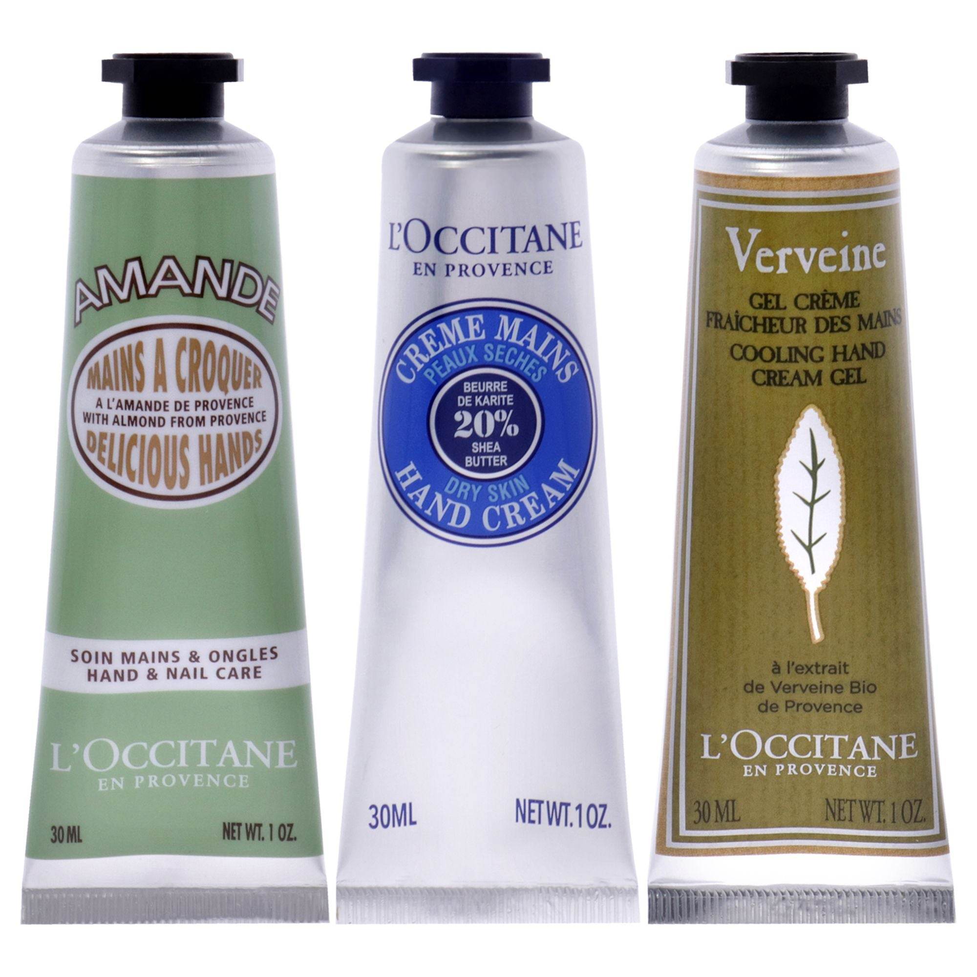 Soft Hands Trio by L'Occitane for Women - 3 Pc 1oz Amande Delicious Hands, 1oz Shea Dry Skin Hand Cream, 1oz Verveine Cooling Hand Cream Gel