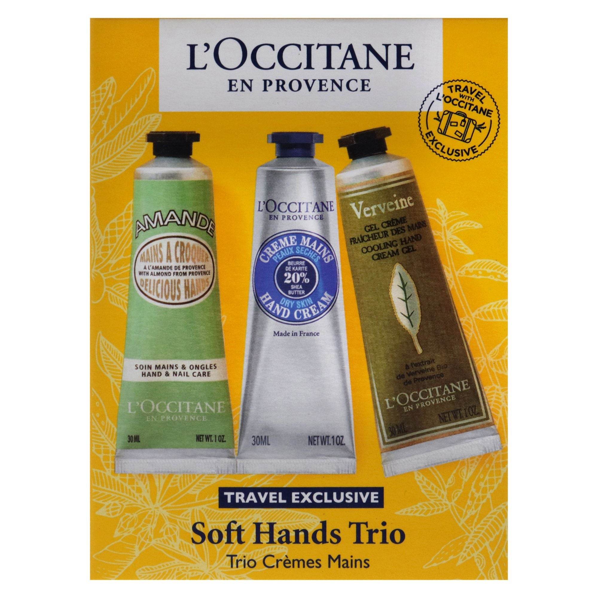 Soft Hands Trio by L'Occitane for Women - 3 Pc 1oz Amande Delicious Hands, 1oz Shea Dry Skin Hand Cream, 1oz Verveine Cooling Hand Cream Gel