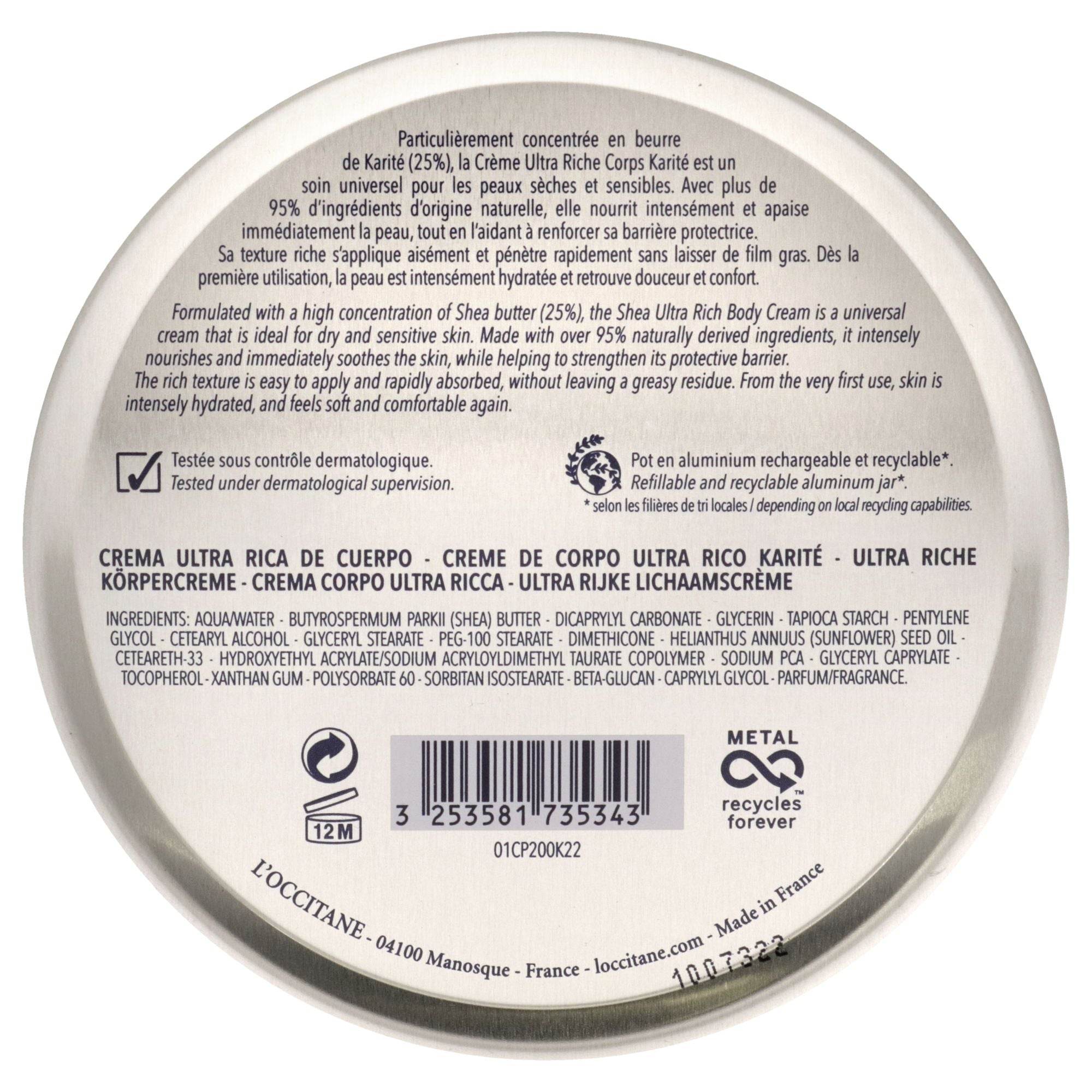 Shea Butter Ultra Rich Body Cream by L'Occitane for Unisex - 6.9 oz Body Cream