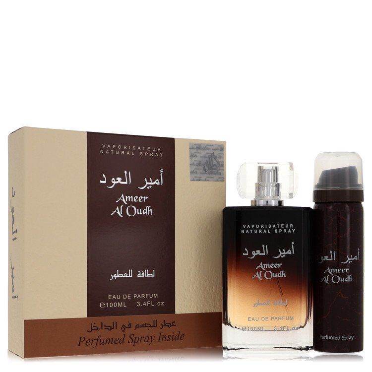 Ameer Al Oudh by Lattafa Gift Set - 3.4 oz Eau De Parfum Spray + 1.7 oz Perfumed Spray - Saeyu