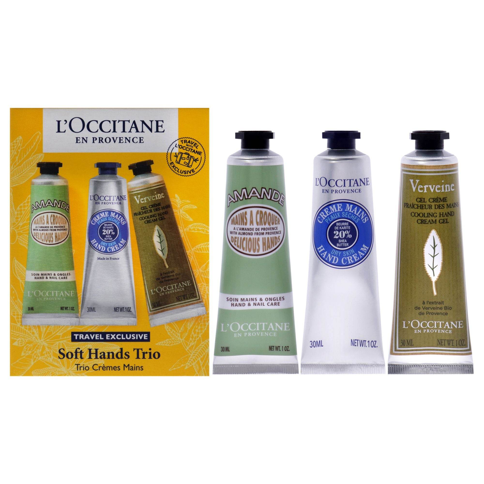Soft Hands Trio by L'Occitane for Women - 3 Pc 1oz Amande Delicious Hands, 1oz Shea Dry Skin Hand Cream, 1oz Verveine Cooling Hand Cream Gel